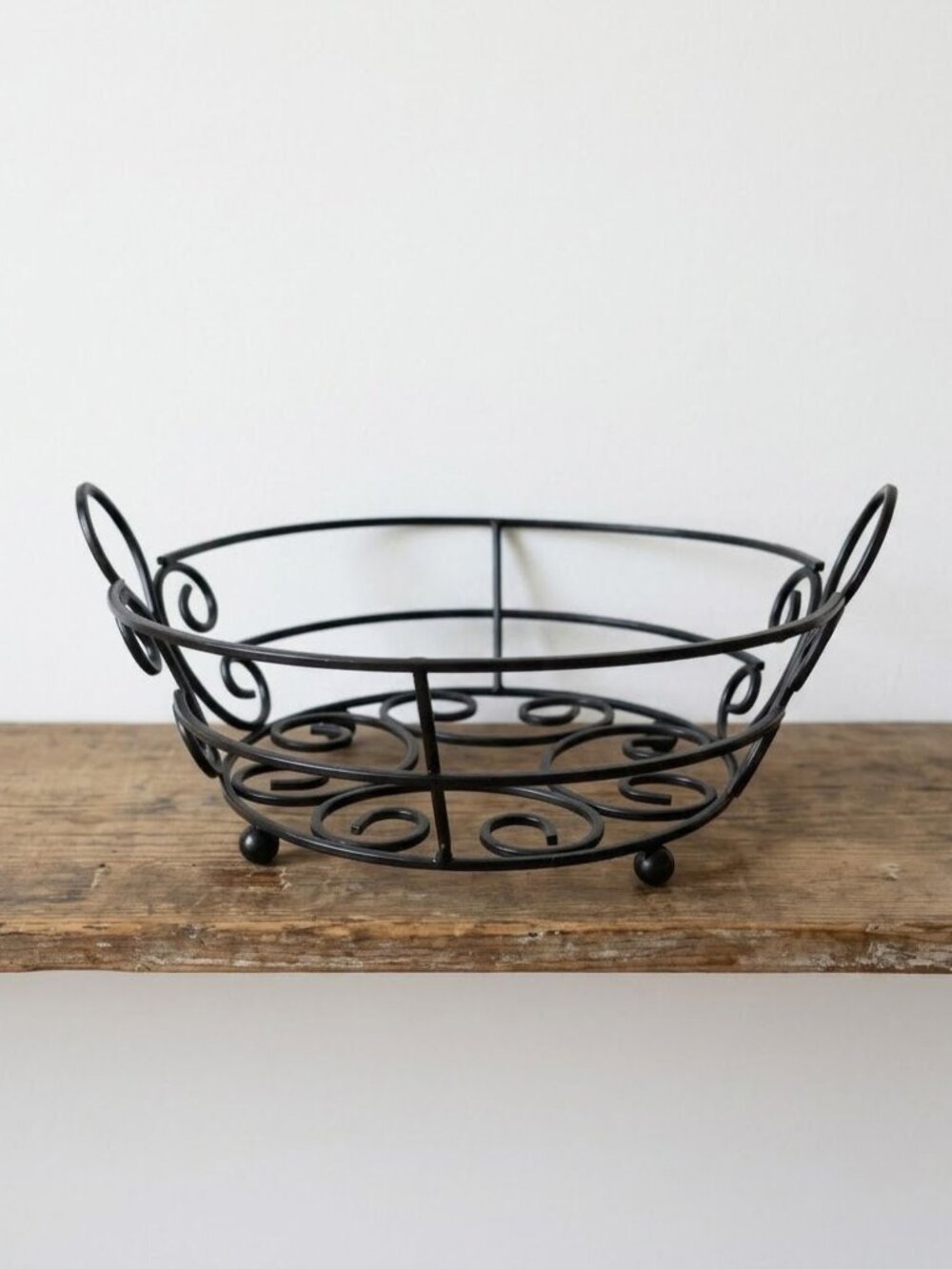 Black Wrought Iron Basket with Loop Handles Scrollwork Ball Footed Centerpiece